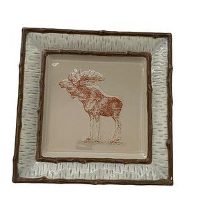 Homestudio Lake Cabin Dinner Plate Square Moose Rustic Embossed Stoneware 11"